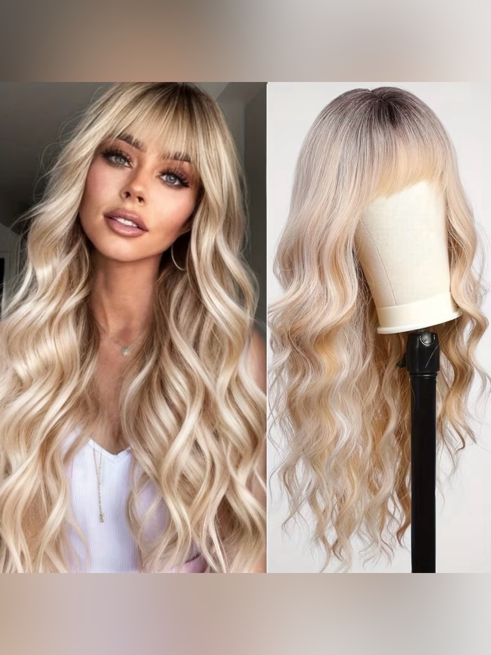 NEW Long Blonde Wavy Wig with Bangs + Wig Stand & 4 Wig Caps
